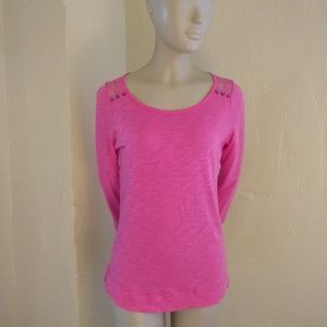 Express Pink 3/4 Sleeve Lace Embellished Tee; XS
